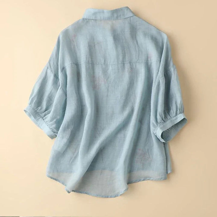 Summer Solid Collar Cotton Three Quarter Shirt Vintage Embroidered Loose Ca - gallery