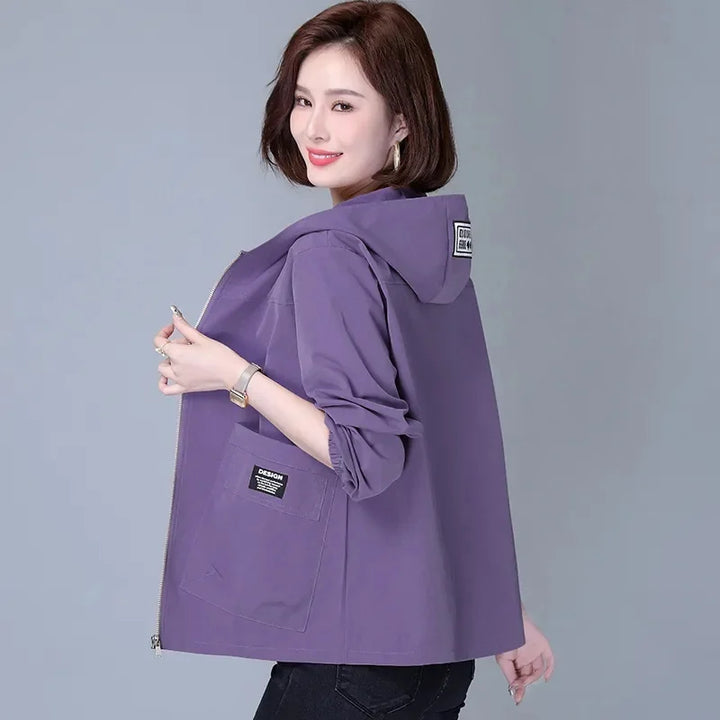 Jackets Hooded Summer Sun-Proof Zipper Trench Coats Loose Windbreaker Solid - Purple