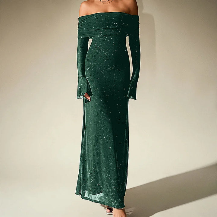 Aurevielle Off Shoulder Glitter Mesh Maxi Dress for Women - gallery