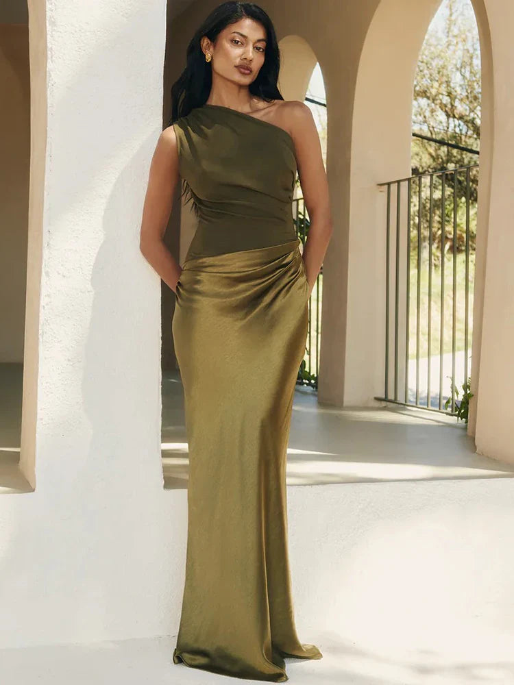 Julissia Satin One Shoulder Dress for Women - Green