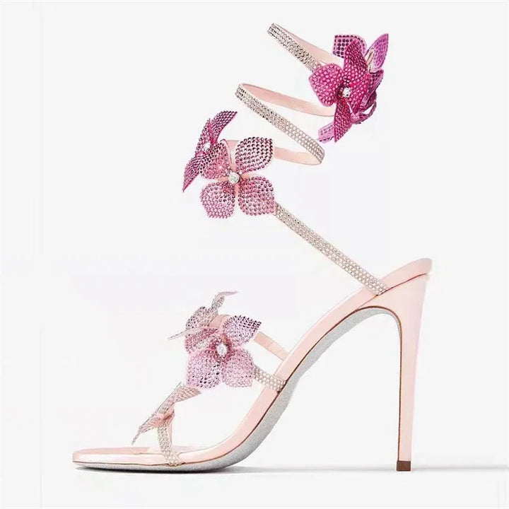 Pink Crystal Flower Wrap-Up Heels for Women