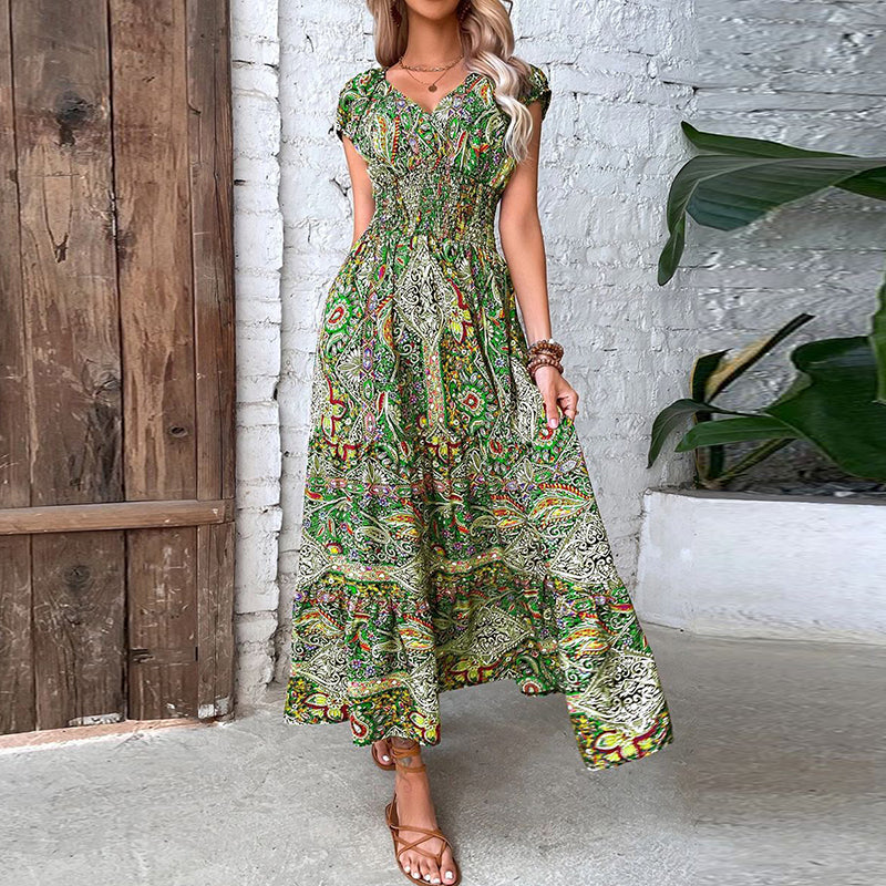 Bohemian Maxi Dress with Lace Trim and Vintage Print