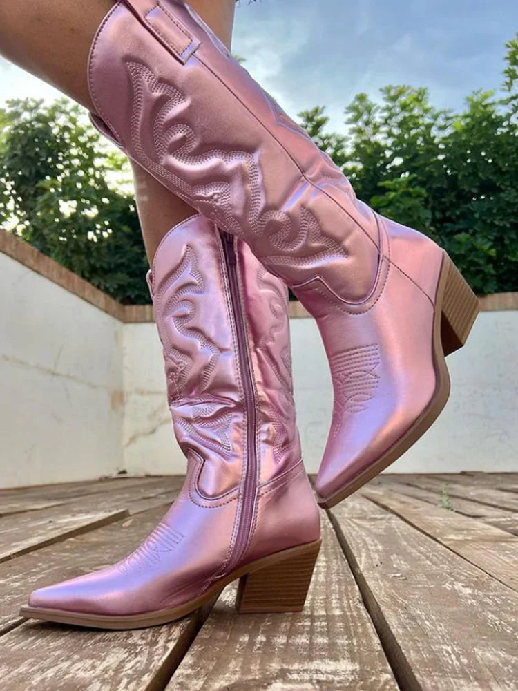 Metallic Cowboy Boots with Block Heel for Women