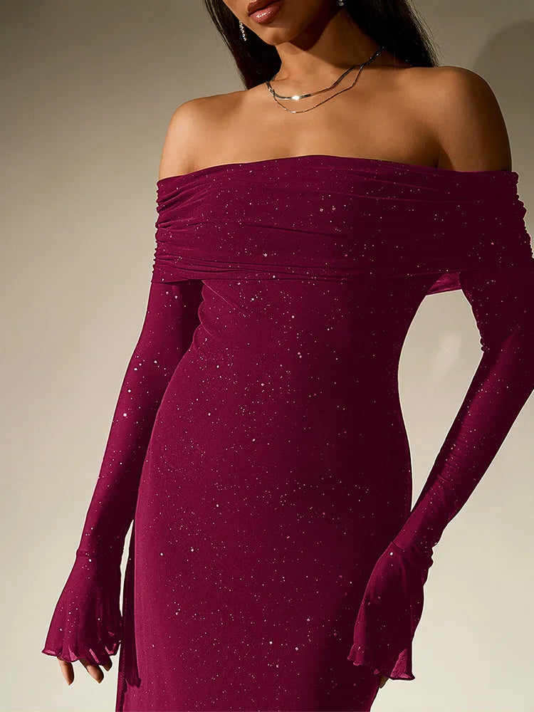 Aurevielle Off Shoulder Glitter Mesh Maxi Dress for Women - gallery