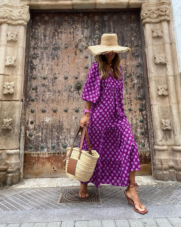 Long V-Neck Summer Dress with a Relaxed Silhouette