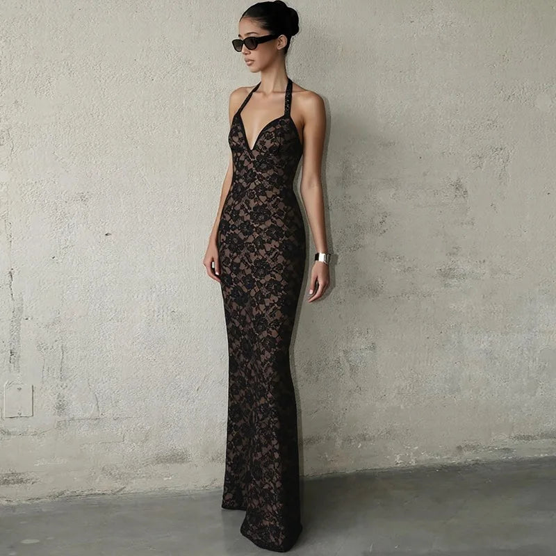 Zarelle Black Lace Halter Neck Maxi Dress for Women - gallery