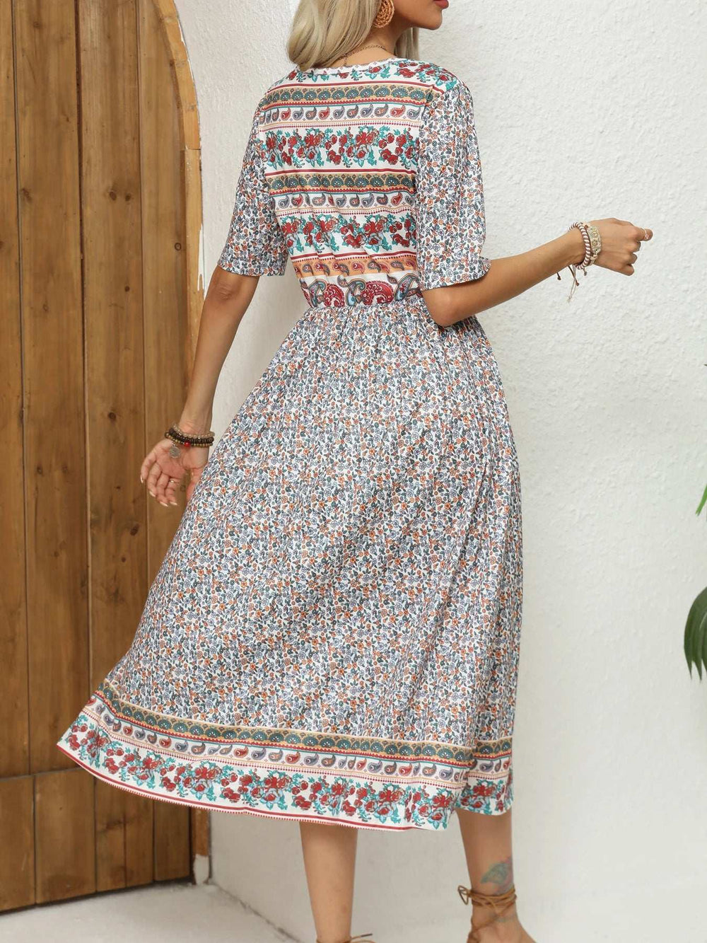 Round Neck Short Sleeve Bohemian Print Dress for Women - gallery