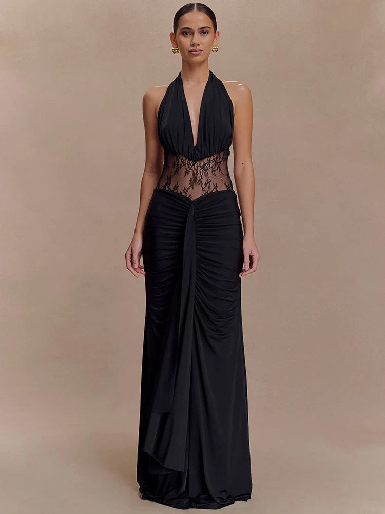 Alessine Lace Halter Maxi Dress for Women - Black