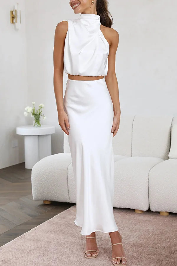 Sleeveless Top and Skirt Set with Asymmetric Neckline