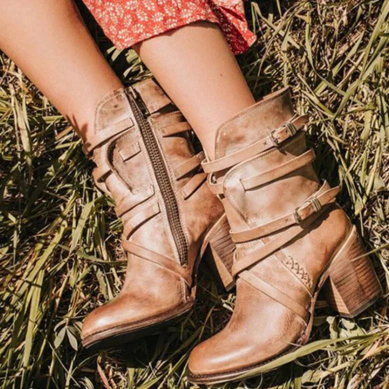 Retro-Style Block-Heel Suede Ankle Boots for Women