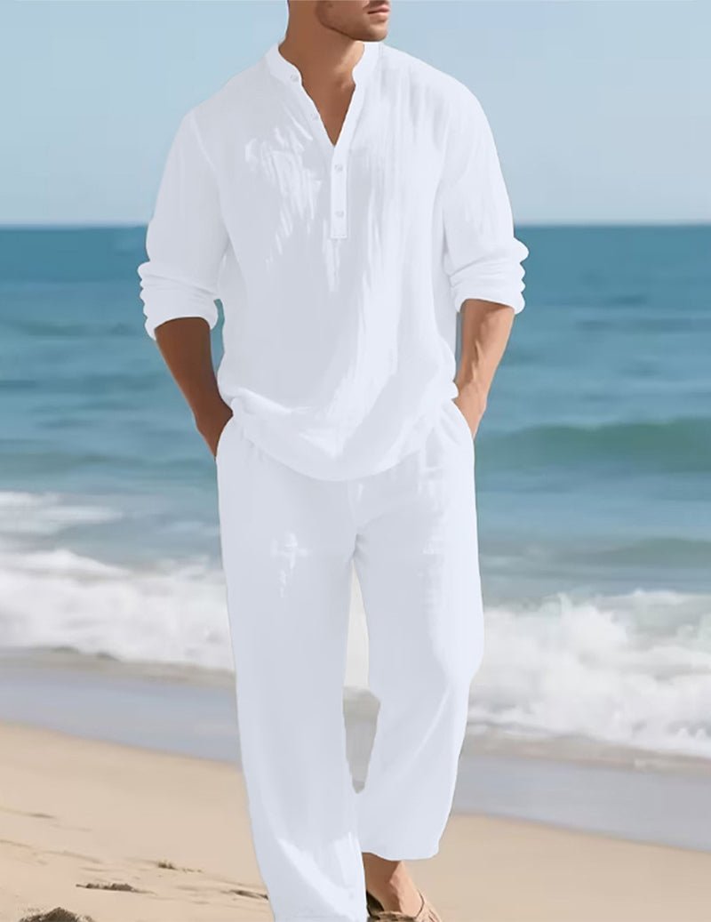 Linen Henley Shirt and Pants Set for Men