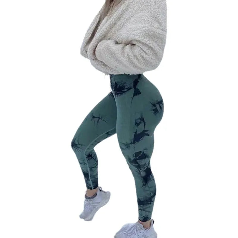 Tie-Dye Seamless Peach Leggings for Women - Dark Green