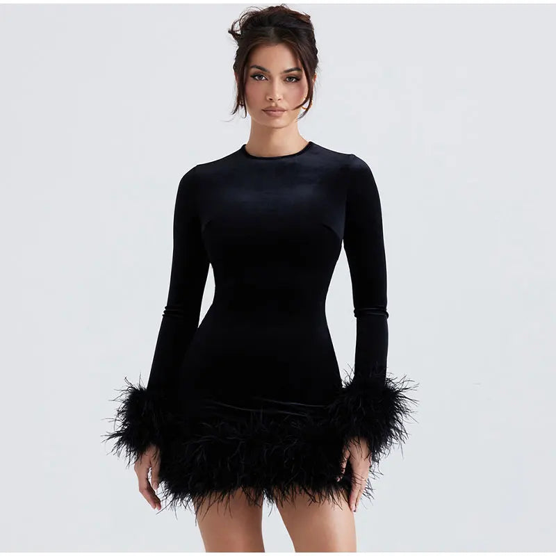 Feather-Trimmed Long-Sleeve Sheath Dress in Black