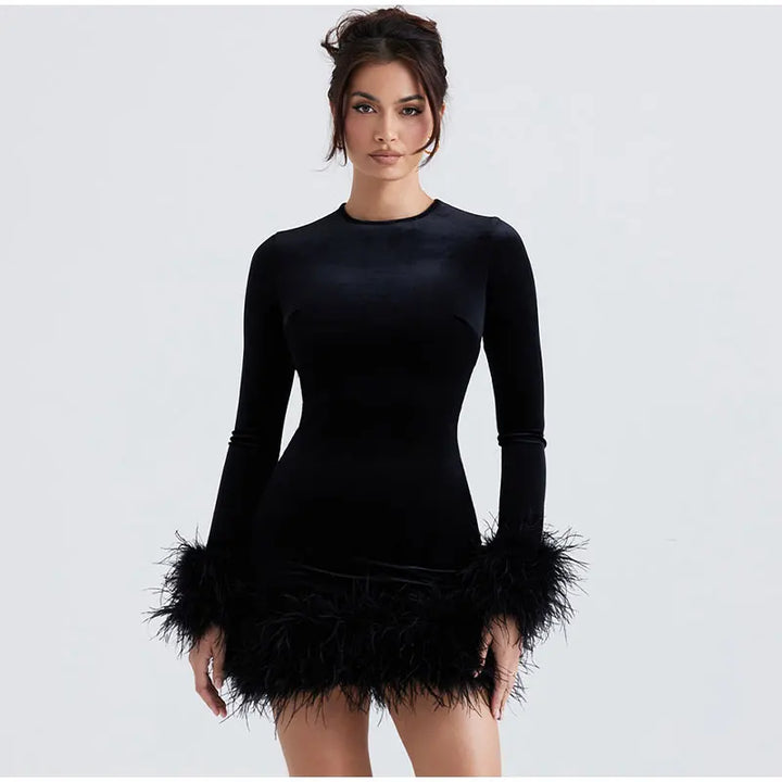 Feather-Trimmed Long-Sleeve Sheath Dress in Black