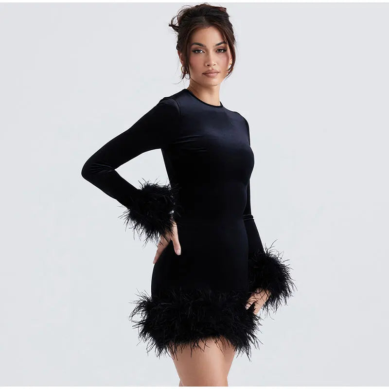 Feather-Trimmed Long-Sleeve Sheath Dress in Black