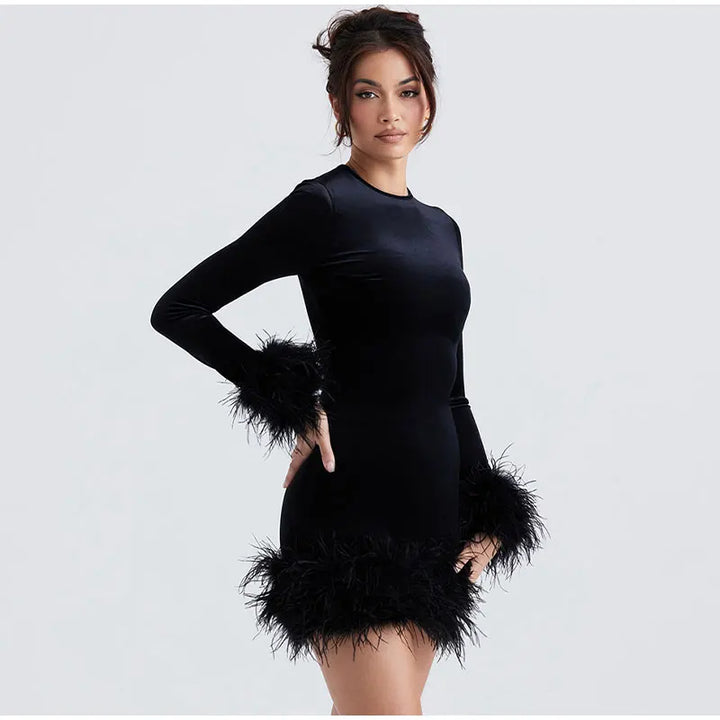 Feather-Trimmed Long-Sleeve Sheath Dress in Black