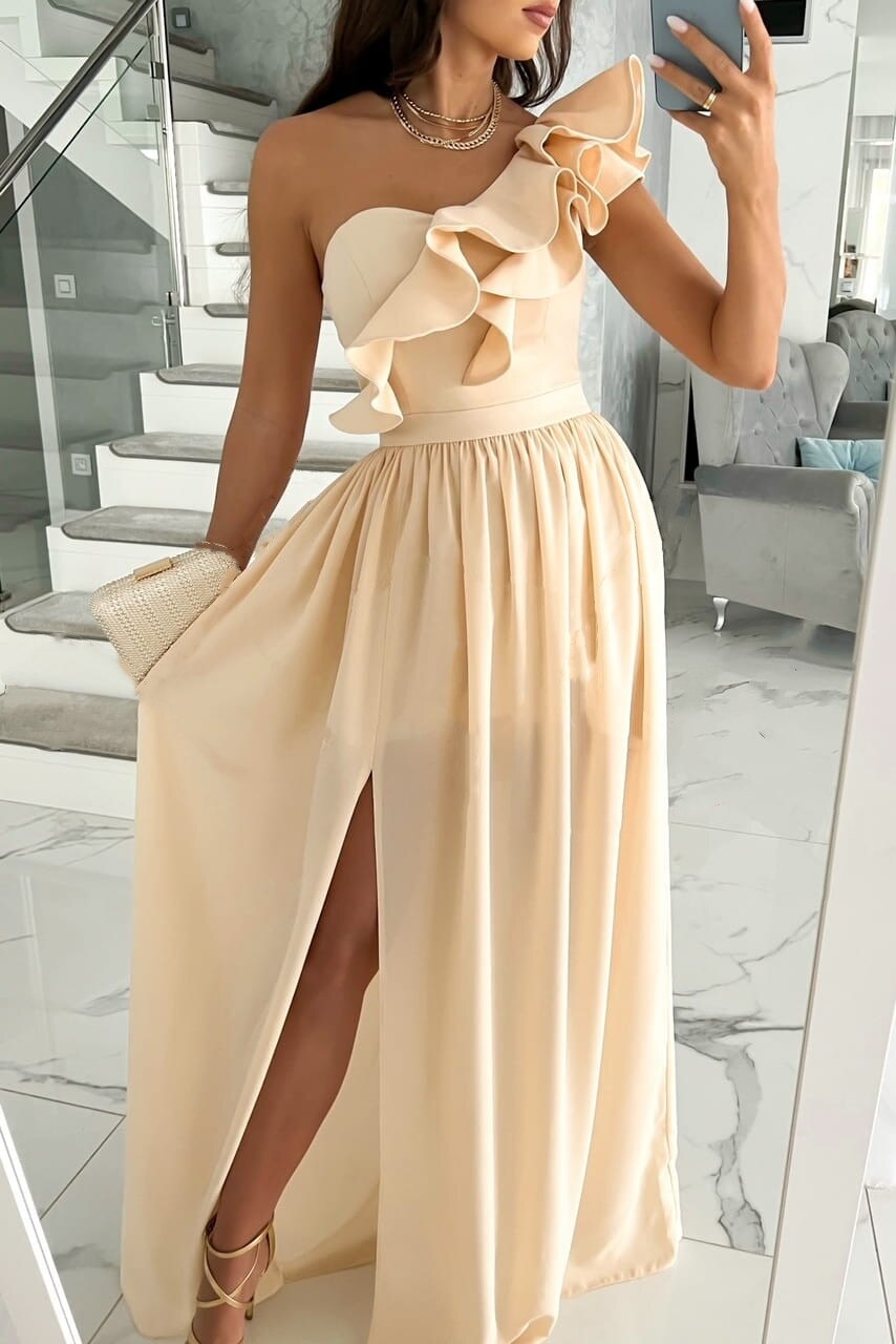 One-Shoulder Asymmetric Maxi Dress with Ruffle Hem