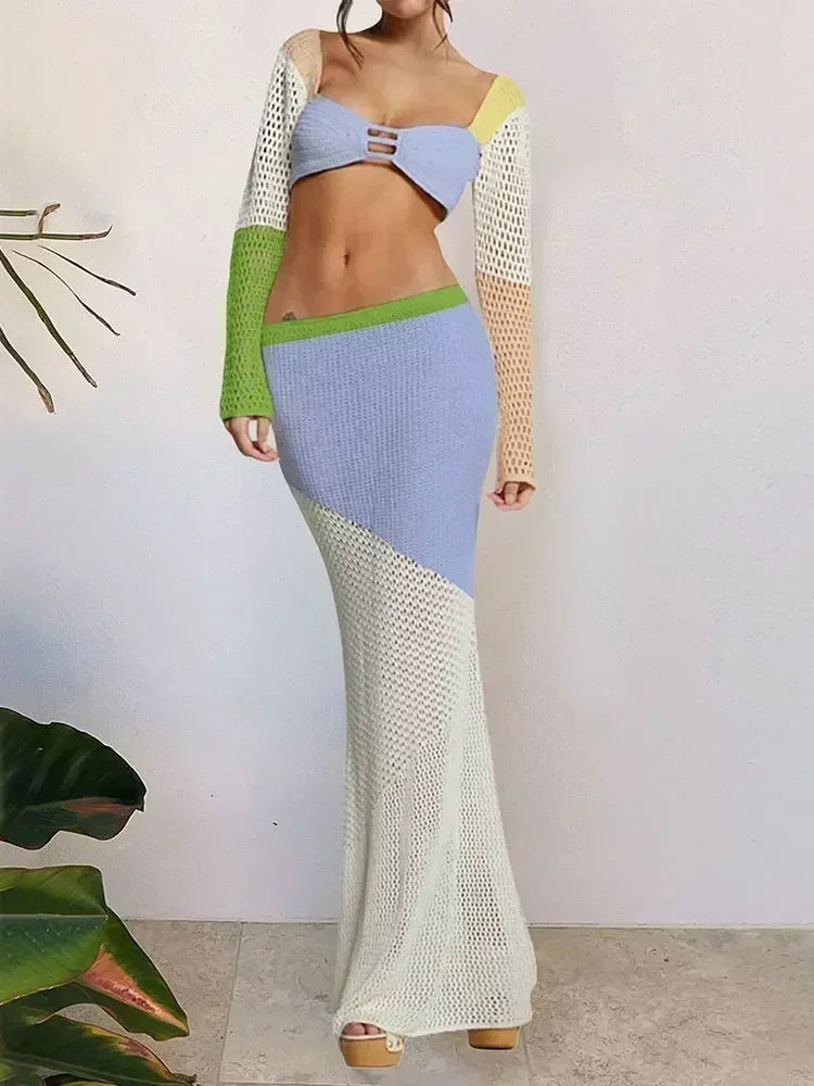Seraya Crochet Two-Piece Maxi Skirt Set – Long Sleeve Cut Out Top Backless... — Light Blue