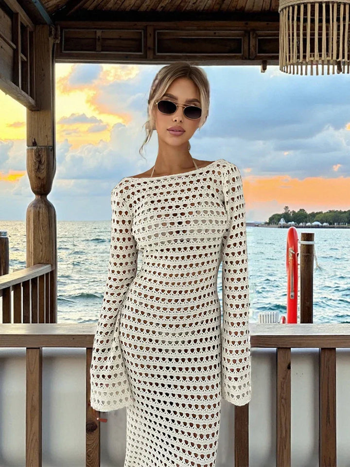 Zarevia Backless Crochet Knit Maxi Dress – Long Sleeve Sheer Swimwear Co...