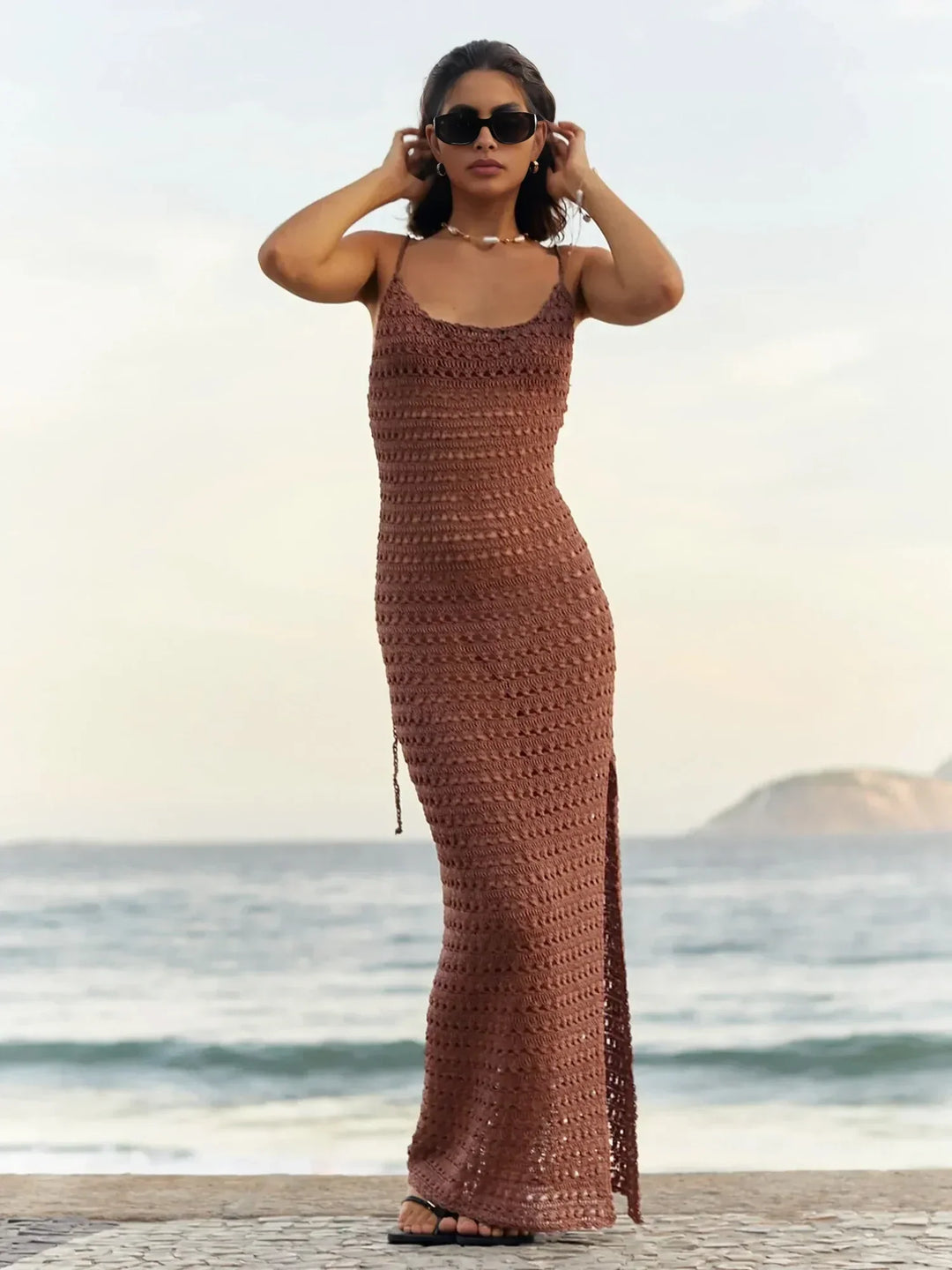 Sorelle Crochet Backless Maxi Dress – Strappy Knit Beach Dress with Side... — Brown