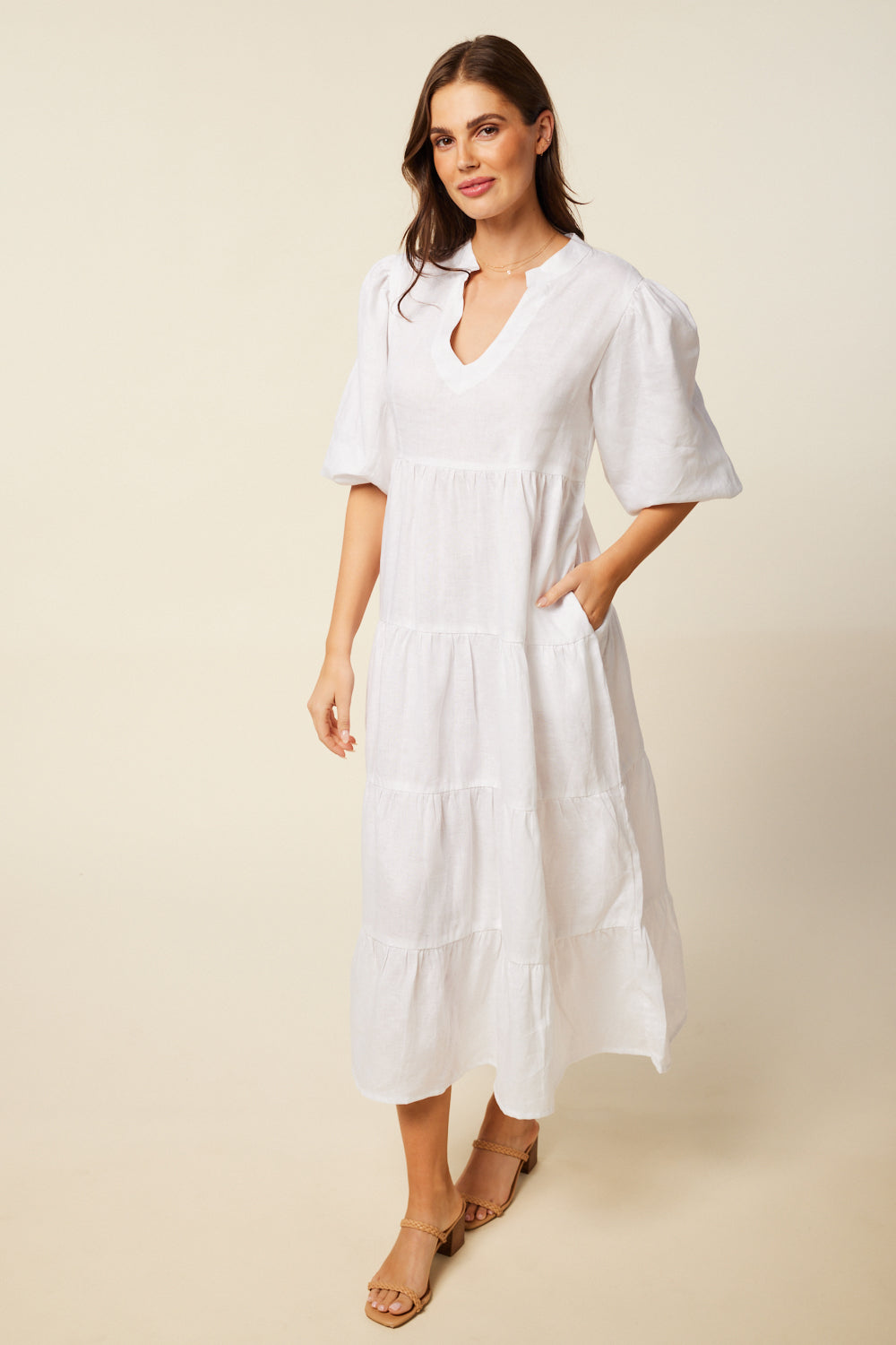 Sabre Linen V-Neck Dress in White for Women - gallery
