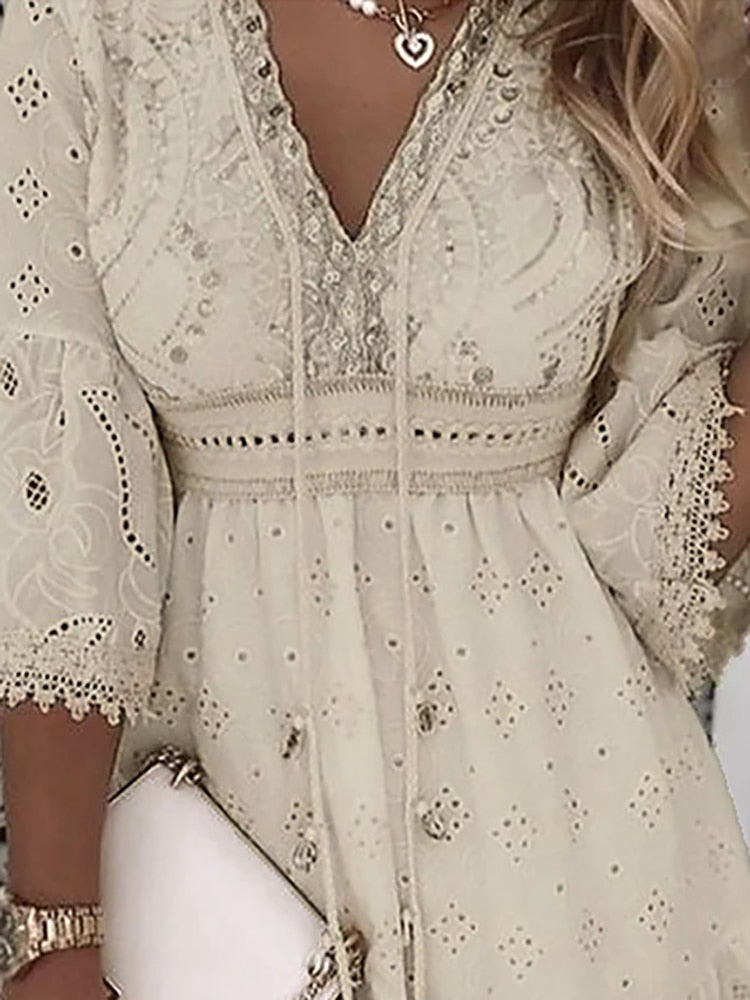 Fluid Boho Dress with Deep V-Neckline and Loose Fit