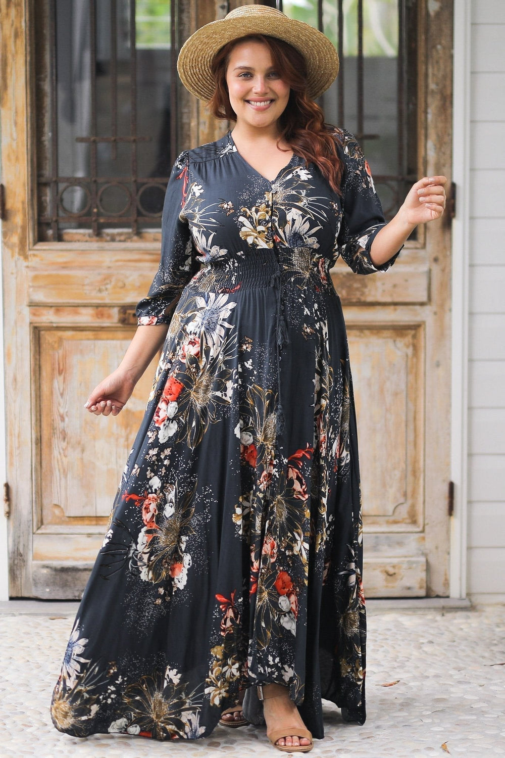 JAASE - Indiana Maxi Dress: Lace Back Shirred Waist A Line Dress with Ha... — gallery