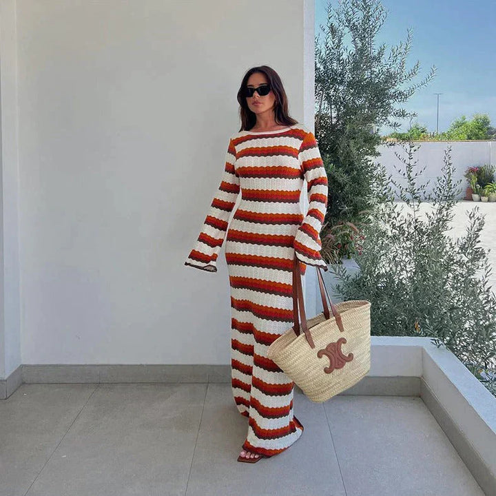 Striped Knit Maxi Dress in Brown and White