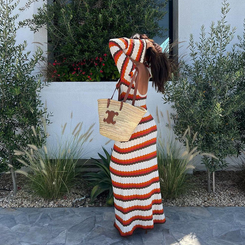 Striped Knit Maxi Dress in Brown and White