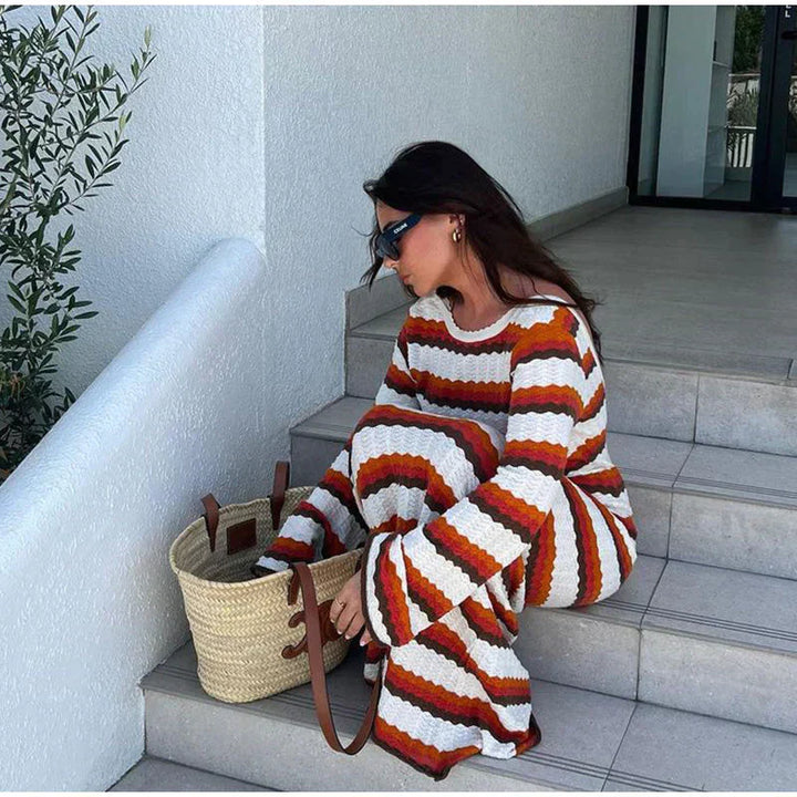 Striped Knit Maxi Dress in Brown and White
