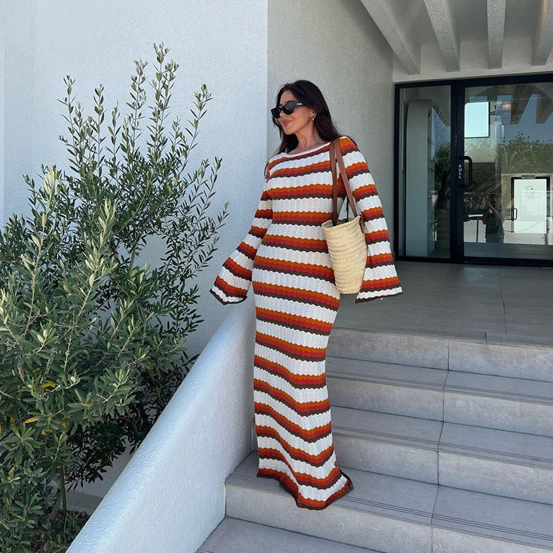 Striped Knit Maxi Dress in Brown and White