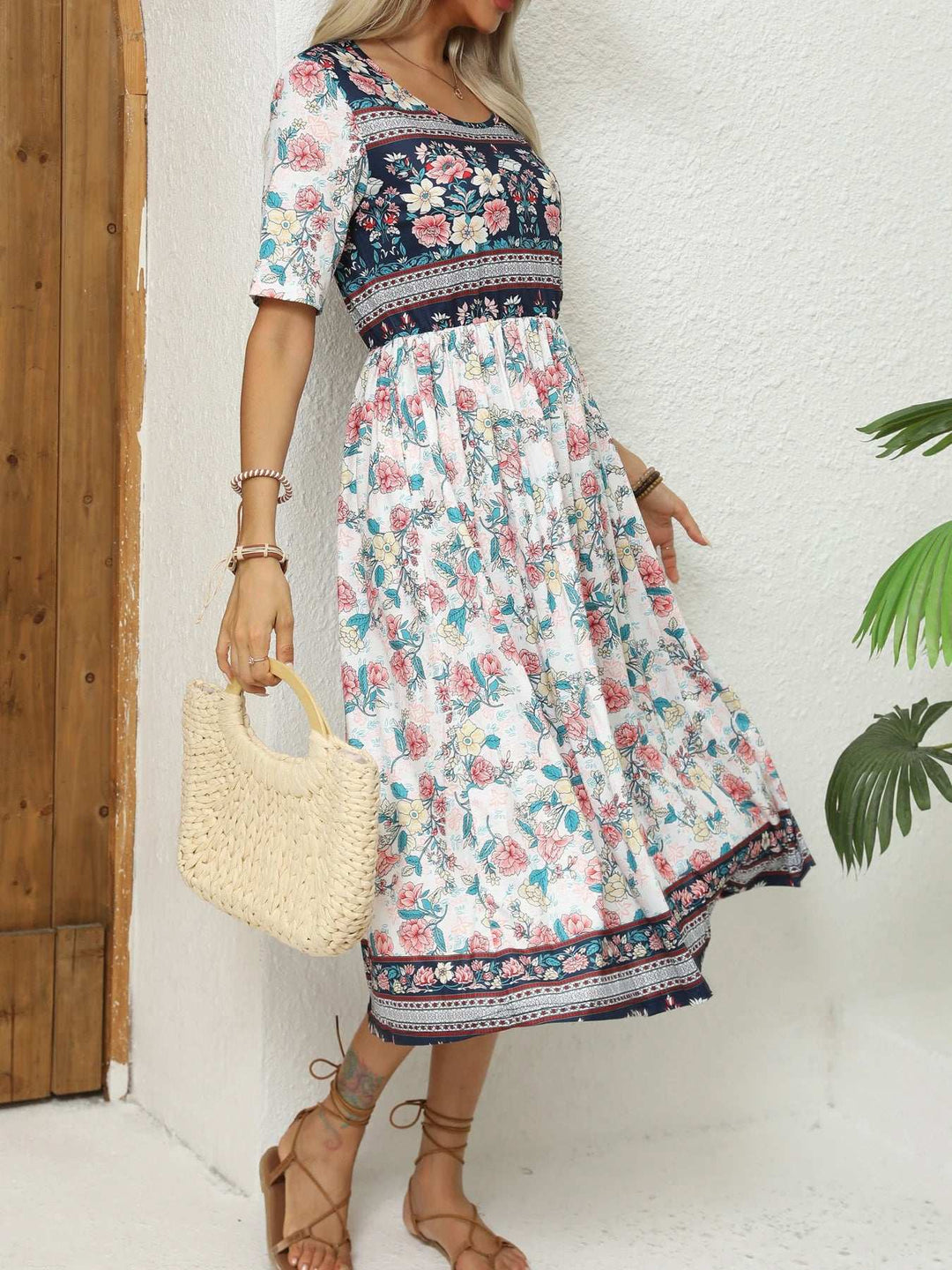 Round Neck Short Sleeve Bohemian Print Dress for Women - gallery