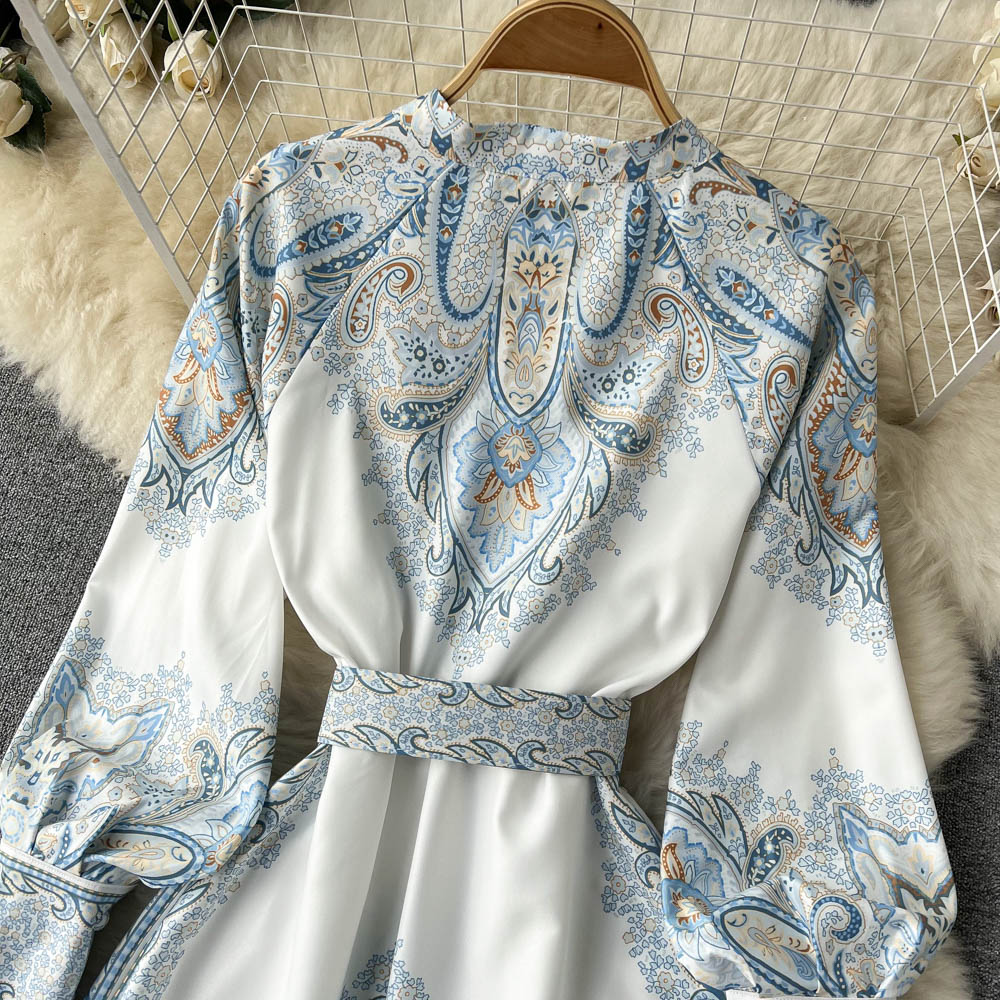 Floral Print A-Line Dress with Folded Collar and Belt