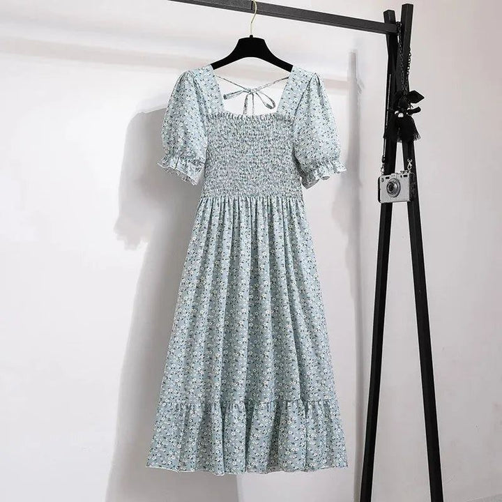 Spring Summer Chiffon Dresses Fashion Female Elastic Waist Short Sleeve Ple - Grey Floral