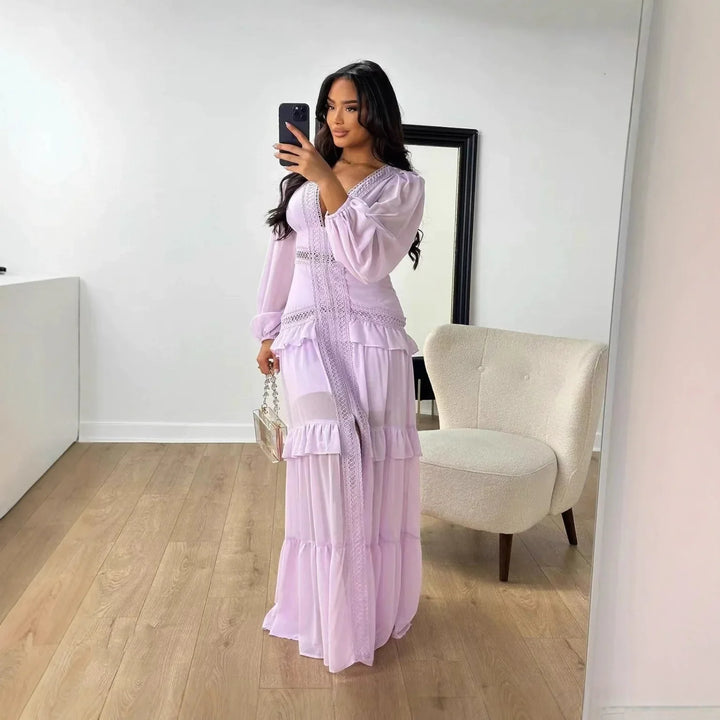 Seralyn Tiered Maxi Dress with Long Sleeves for Women - Purple