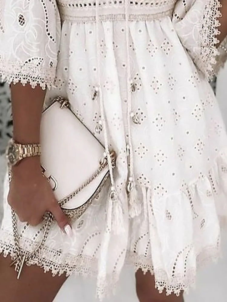 Fluid Boho Dress with Deep V-Neckline and Loose Fit