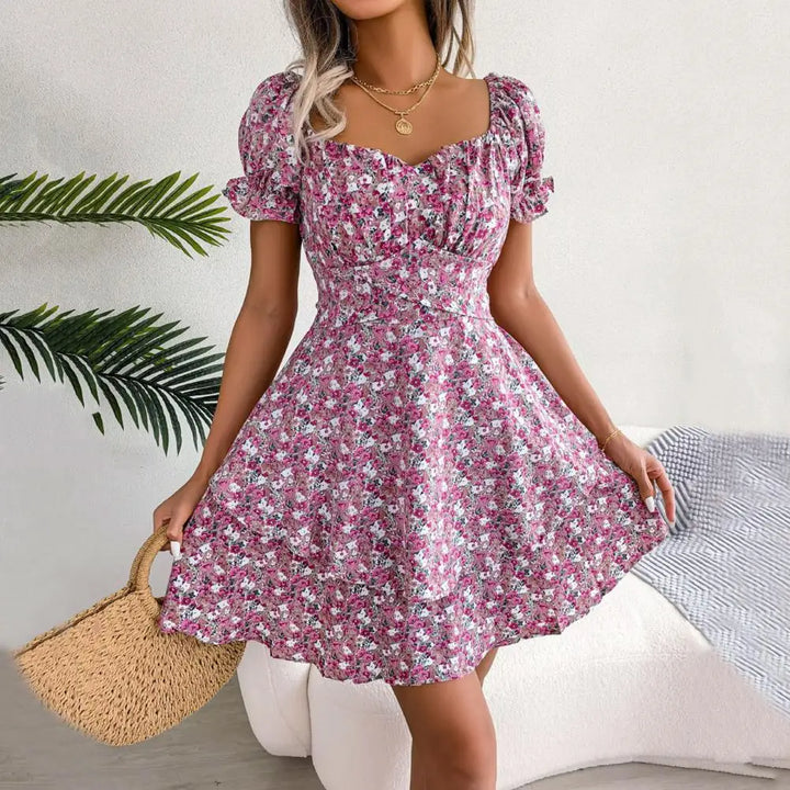 Square-Neck Floral Dress with Puff Sleeves for Women