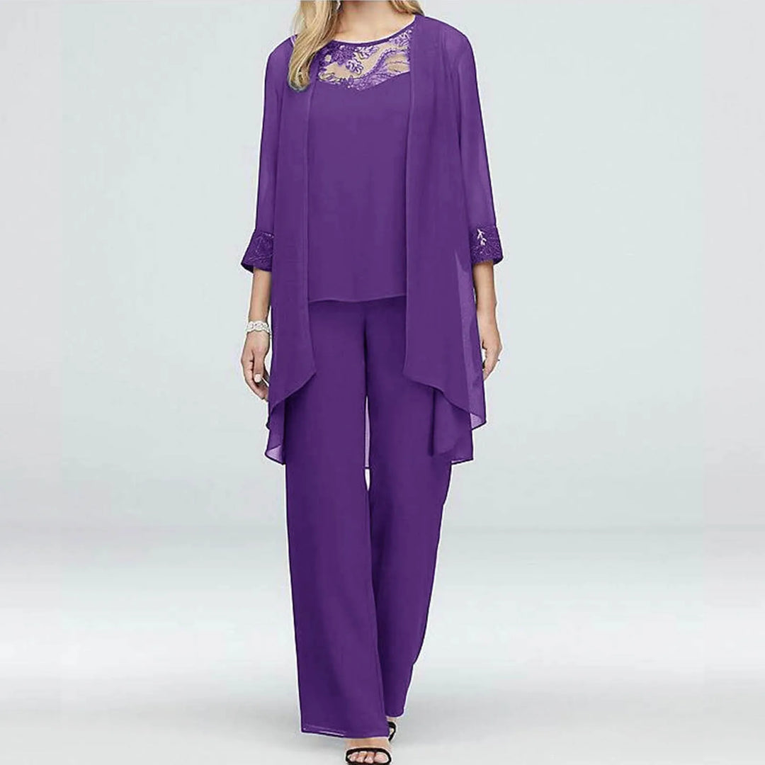Chiffon Three-Piece Cardigan, Top and Trouser Set