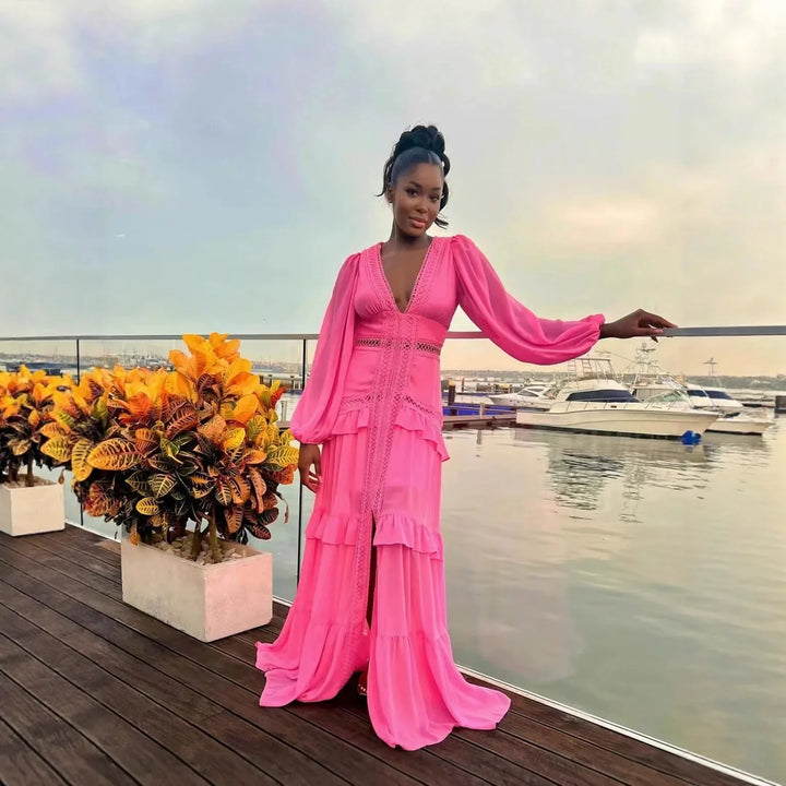 Seralyn Tiered Maxi Dress with Long Sleeves for Women - Pink