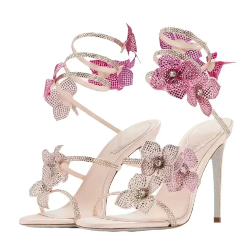 Pink Crystal Flower Wrap-Up Heels for Women - gallery