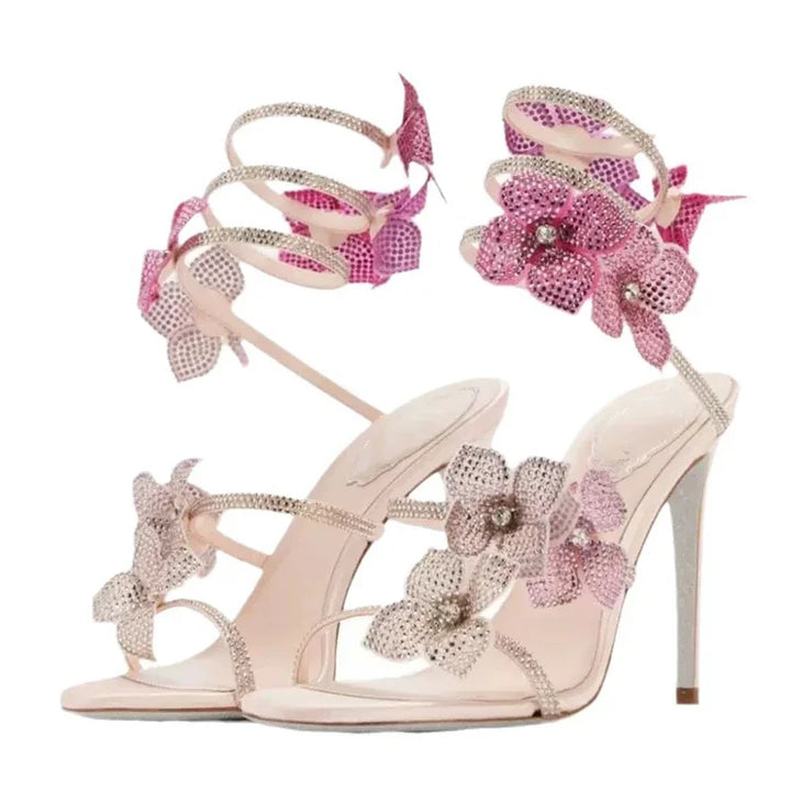 Pink Crystal Flower Wrap-Up Heels for Women - gallery