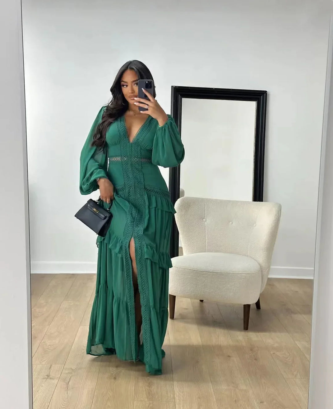 Seralyn Tiered Maxi Dress with Long Sleeves for Women - Green