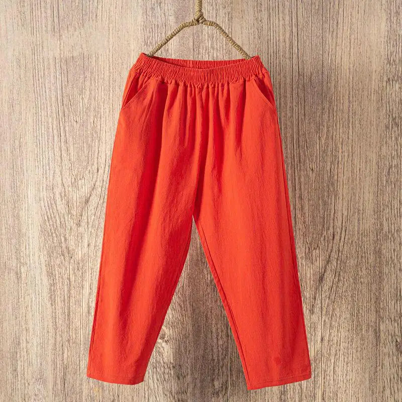 Casual Cotton and Linen Harem Pants for Women - Orange