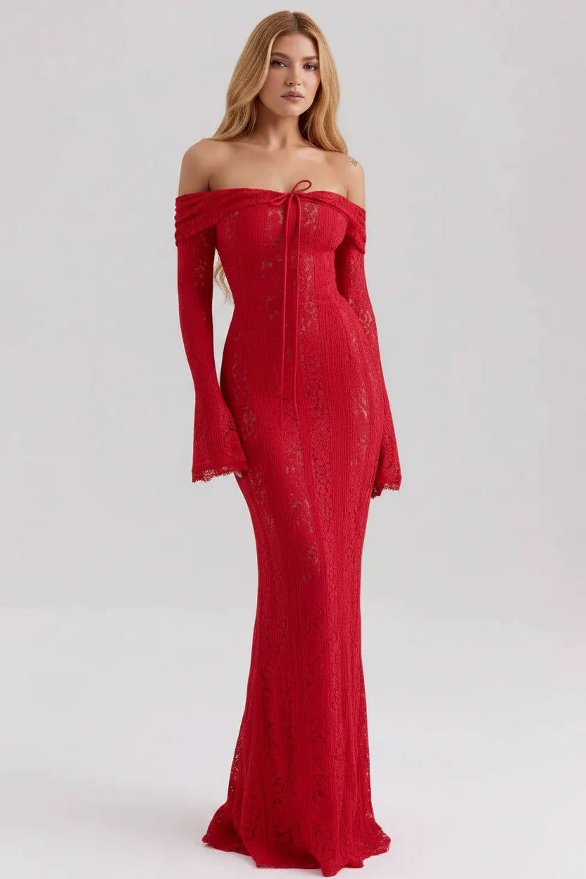 Off the Shoulder Lace Dress for Women - Red