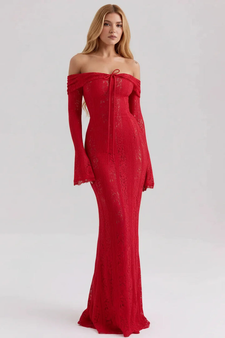 Off the Shoulder Lace Dress for Women - Red
