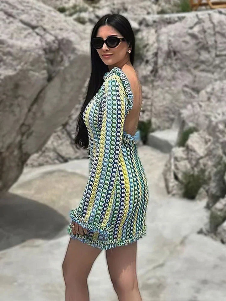 Liora Crochet Backless Maxi Dress – Flared Sleeve Holiday Dress, Beach C... — Yellow-Short