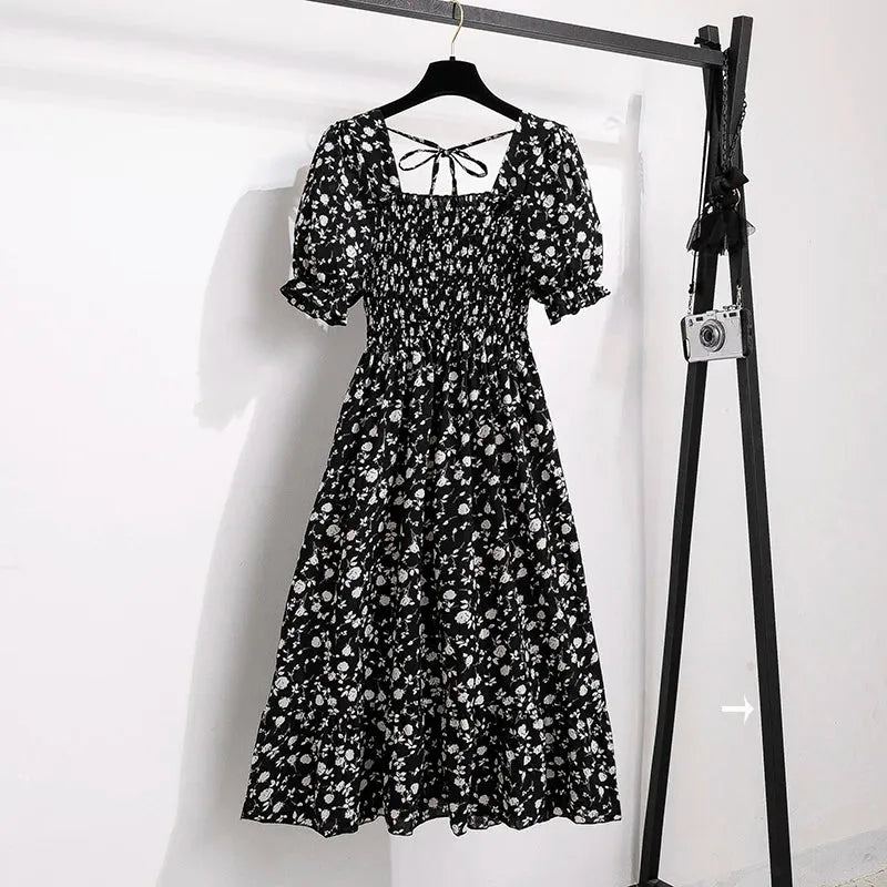 Spring Summer Chiffon Dresses Fashion Female Elastic Waist Short Sleeve Ple - Black Morning Glory