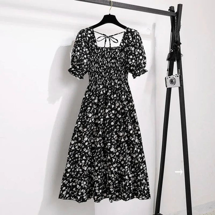Spring Summer Chiffon Dresses Fashion Female Elastic Waist Short Sleeve Ple - Black Morning Glory