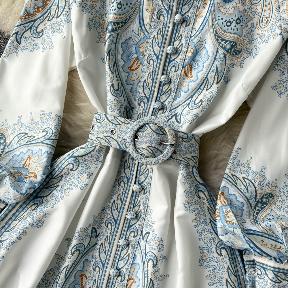 Floral Print A-Line Dress with Folded Collar and Belt