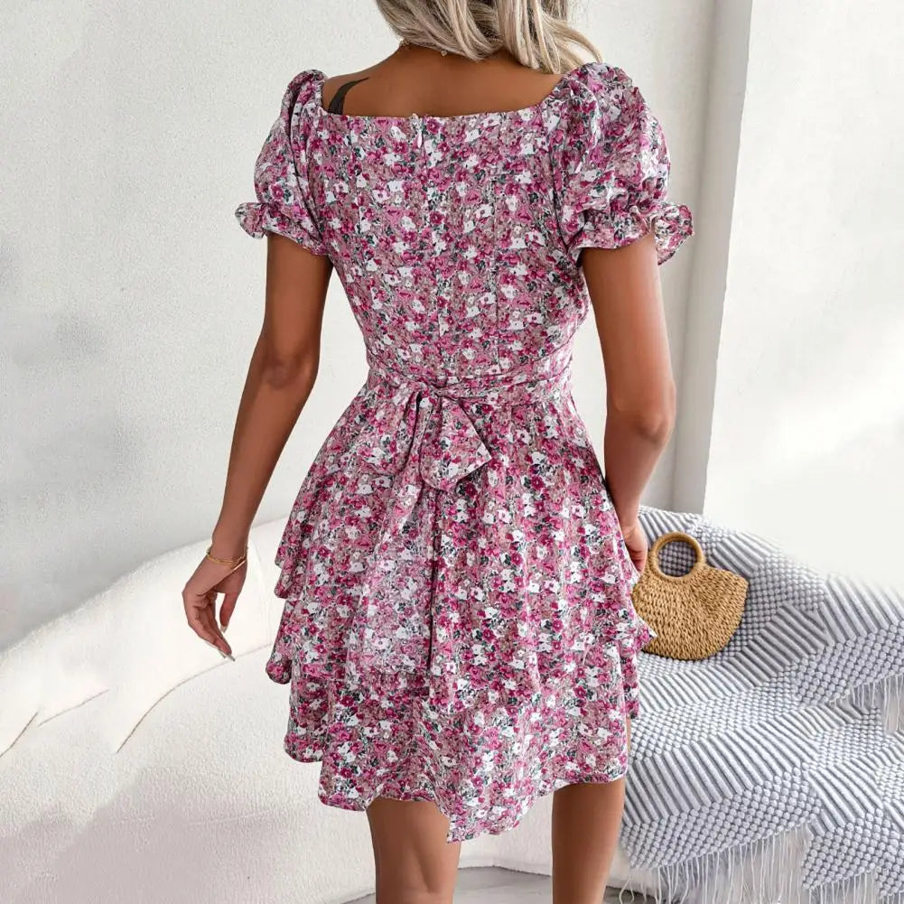 Square-Neck Floral Dress with Puff Sleeves for Women